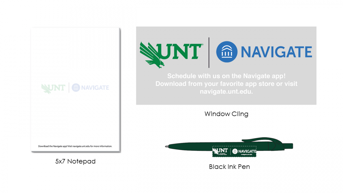 Staff Promo Materials such as a notepad, a window cling, and a pen.